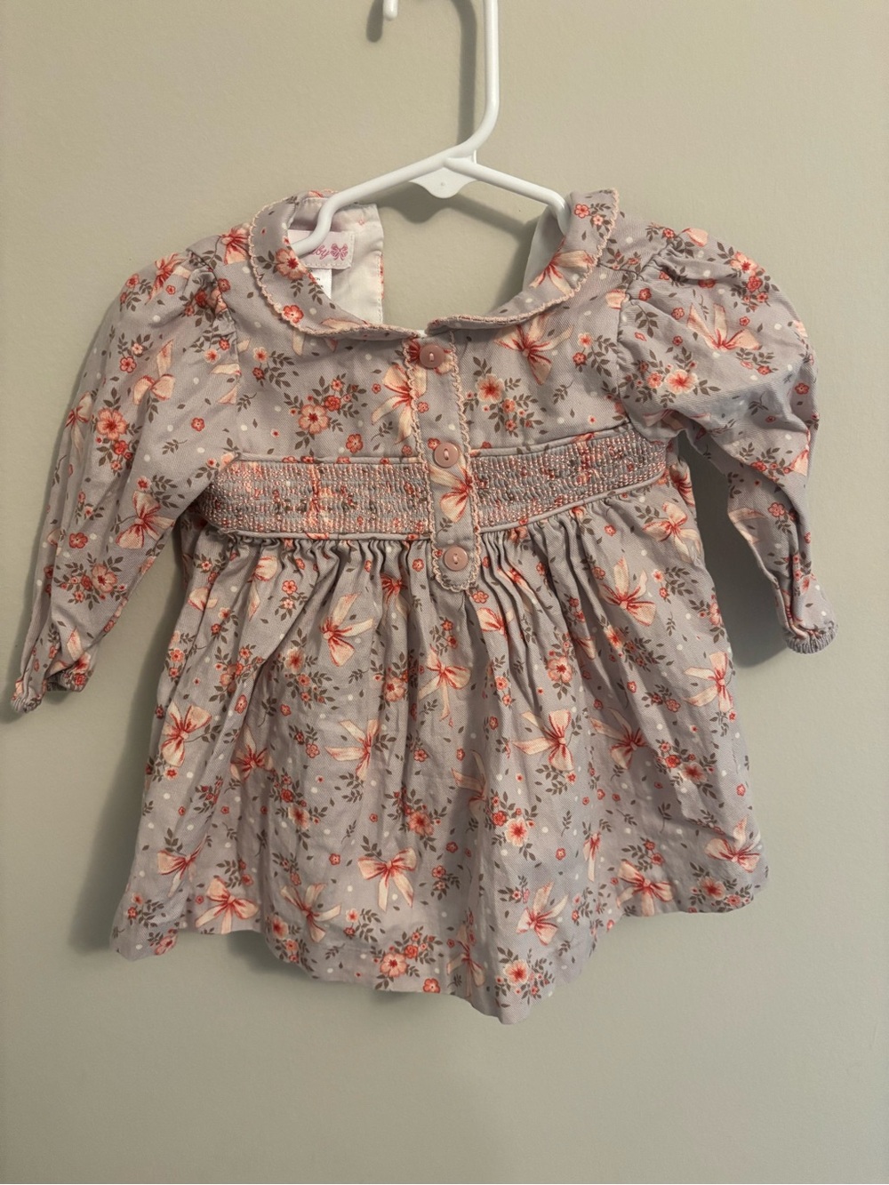 Baby Girl Floral Smocked Long-Sleeve Dress - Light Gray & Pink